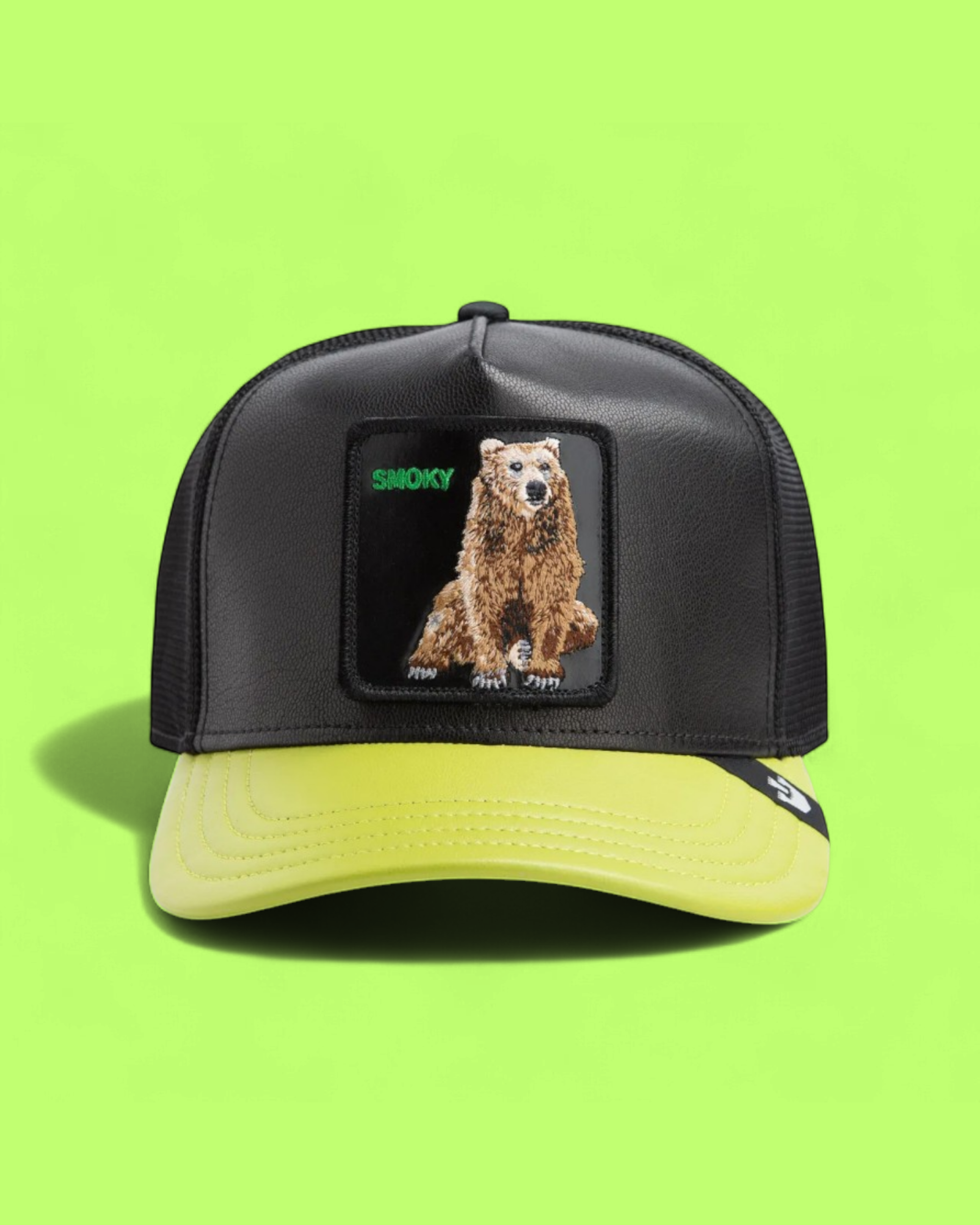 SMOKY BEAR BLACK TRUCKER HAT WITH NEON YELLOW BRIM DETAIL