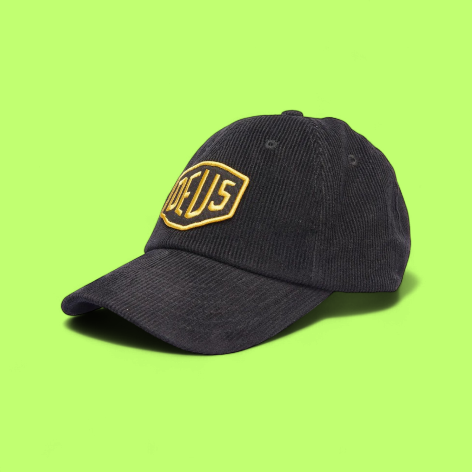 DEUS BLACK CORDUROY CAP WITH YELLOW LOGO EMBROIDERY