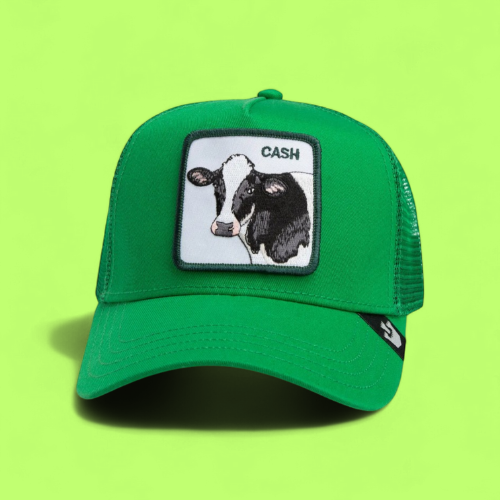 CASH COW GREEN TRUCKER HAT WITH EMBROIDERED PATCH DESIGN