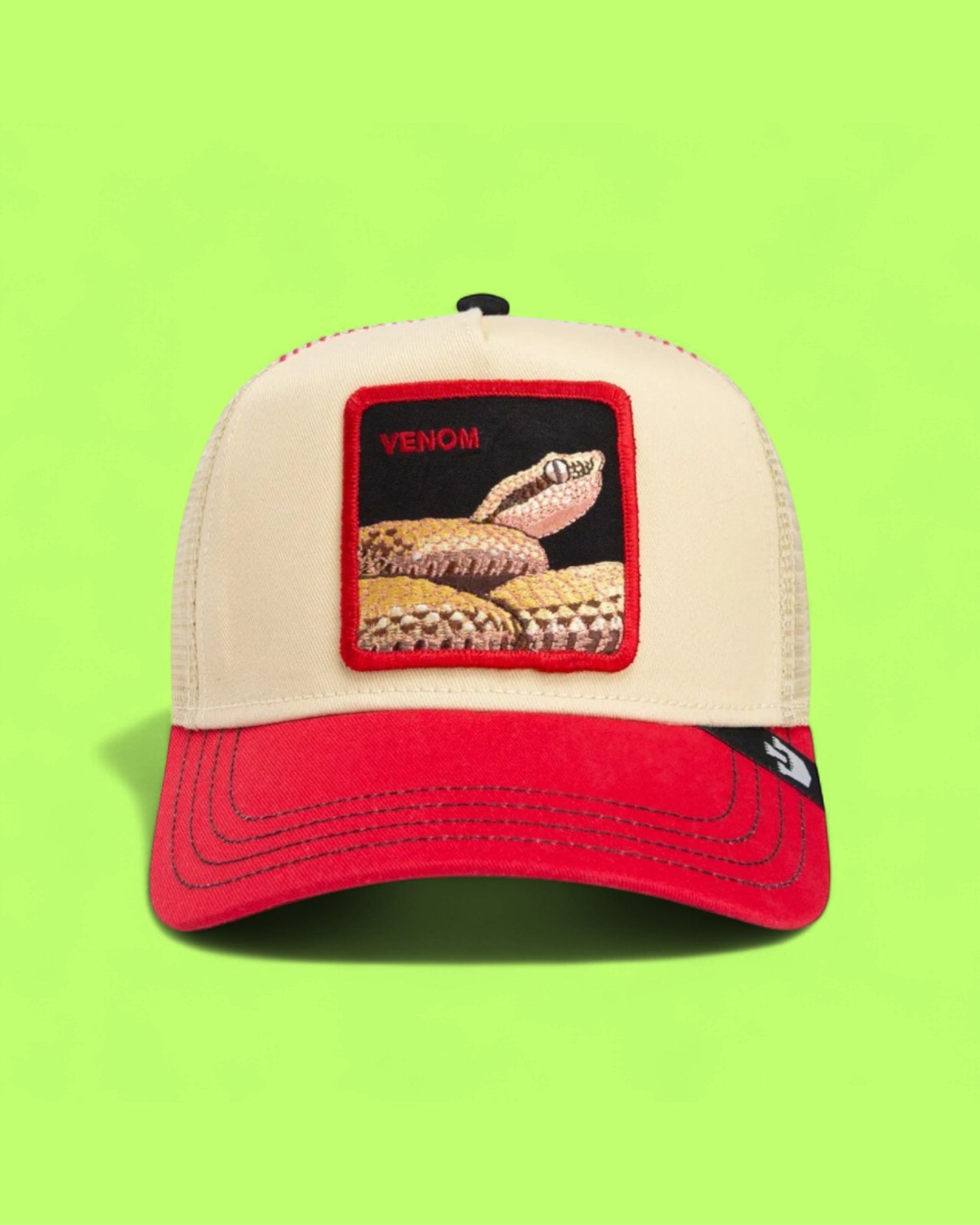 VENOM SNAKE BEIGE AND RED TRUCKER HAT WITH EMBROIDERED PATCH