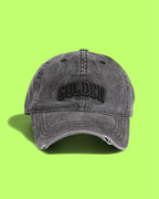 GOLDEN FADED BLACK VINTAGE DISTRESSED BASEBALL CAP LOGO