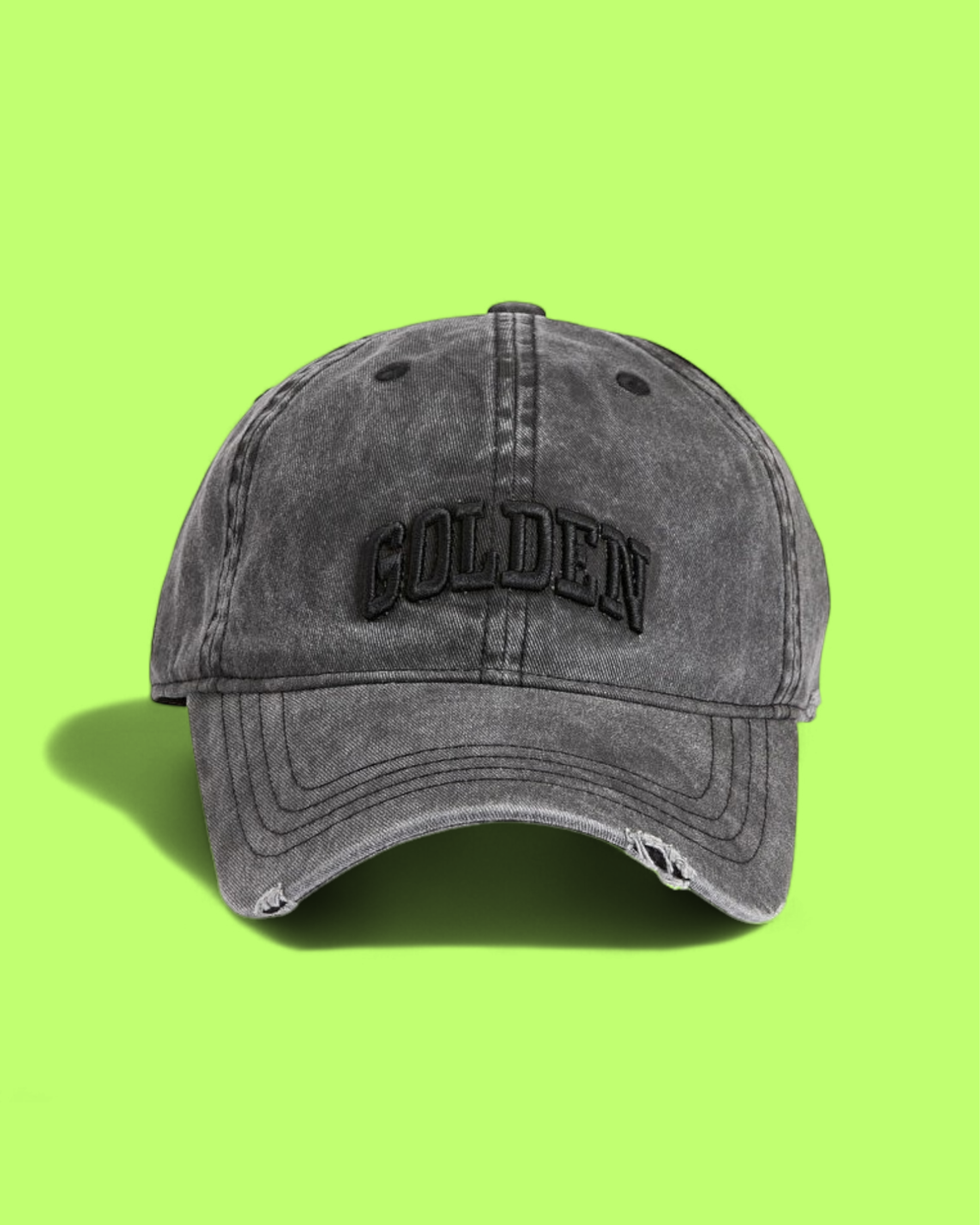 GOLDEN FADED BLACK VINTAGE DISTRESSED BASEBALL CAP LOGO