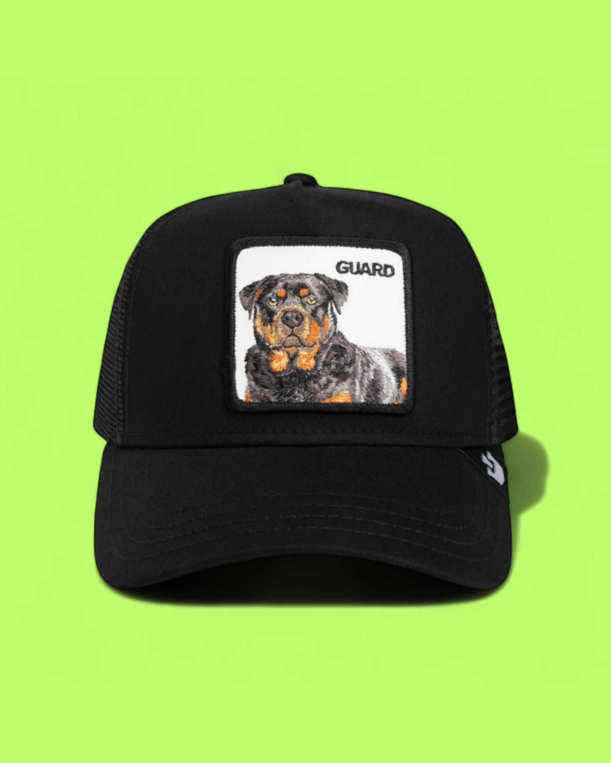 GUARD DOG BLACK TRUCKER HAT WITH ROTTWEILER EMBROIDERED PATCH
