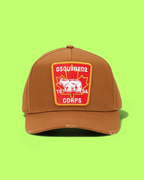 BROWN CAP WITH RED PATCH AND EMBROIDERED BEAR DETAIL