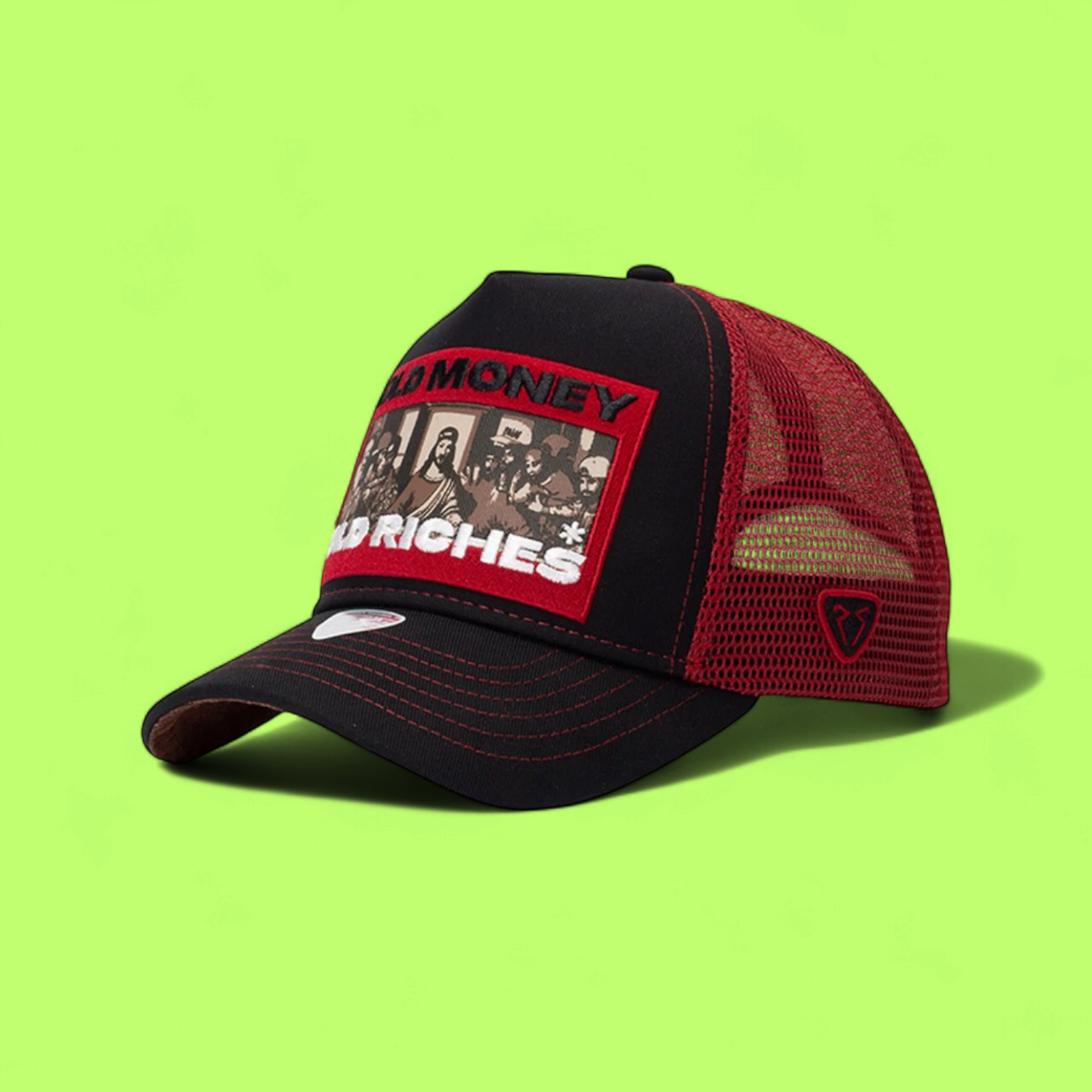 BLACK RED TRUCKER CAP WITH PATCH PRINT AND NETTED BACK