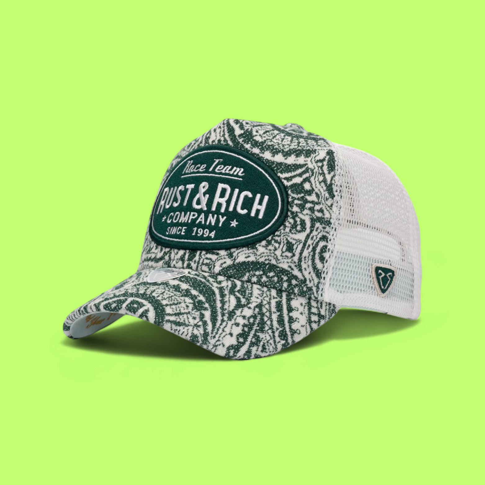 GREEN RUST AND RICH TRUCKER CAP WITH RACE TEAM EMBROIDERY
