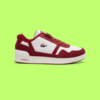 LACOSTE T-CLIP MEN'S WHITE LEATHER SNEAKERS WITH BURGUNDY DETAIL
