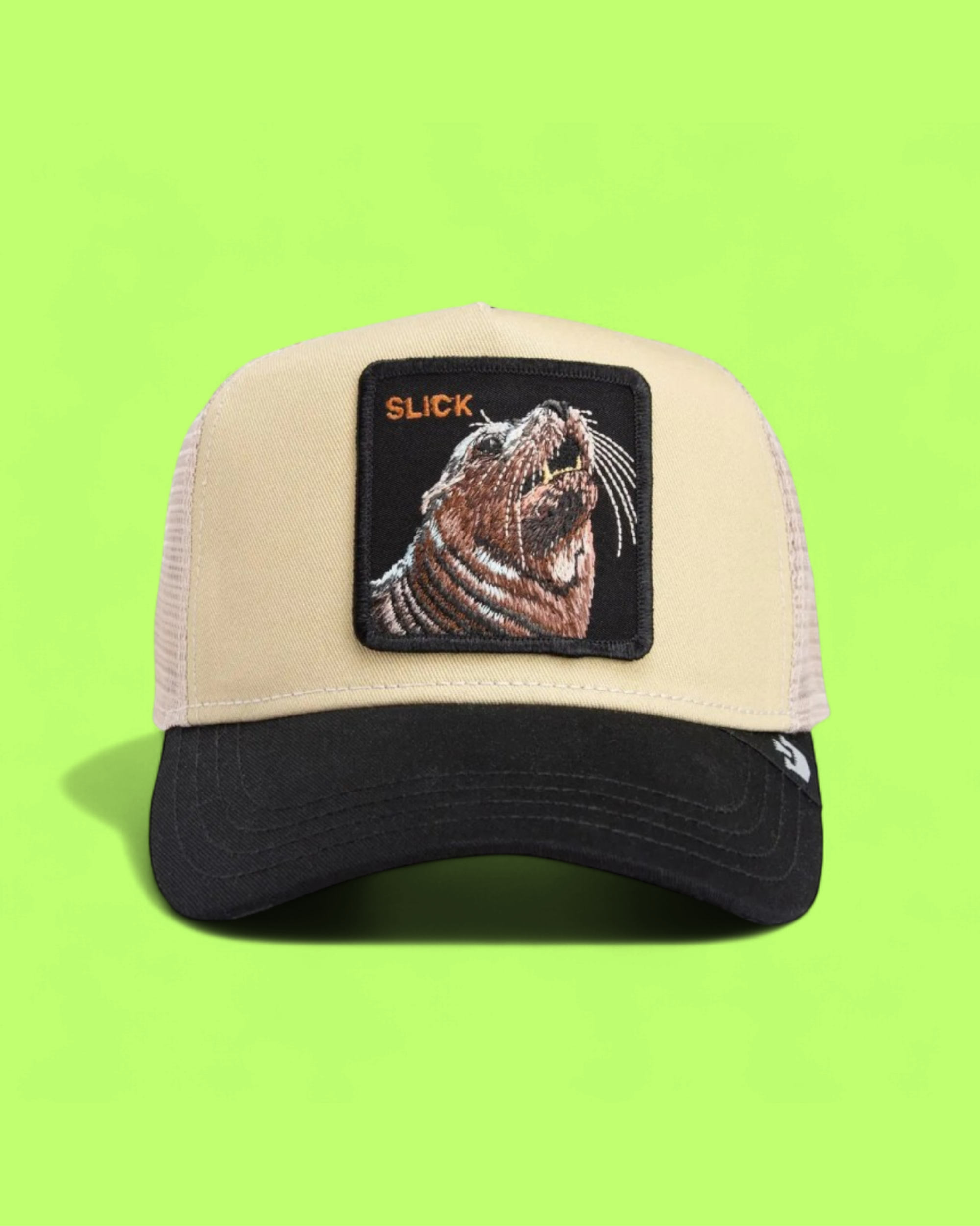 BEIGE BLACK TRUCKER HAT WITH SLICK SEA LION EMBROIDERY ICONZ