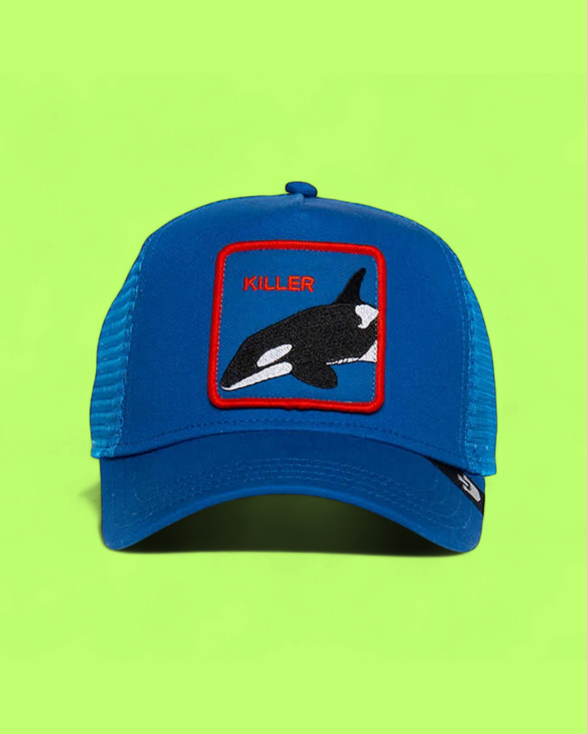 KILLER WHALE PATCH BLUE TRUCKER HAT WITH RED BORDER