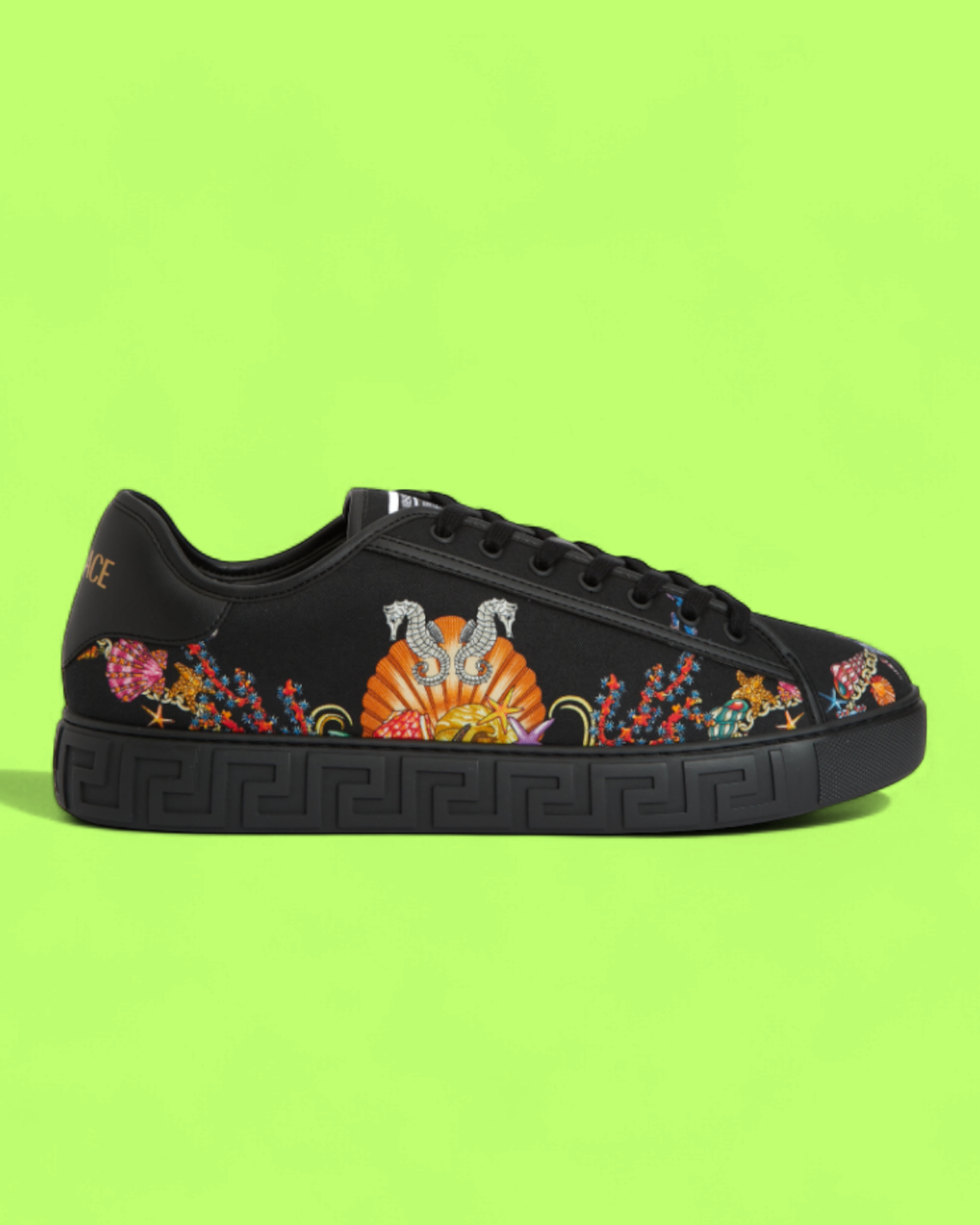 VERSACE BLACK BAROQUE OCEAN PRINT SNEAKER WITH GREEK KEY
