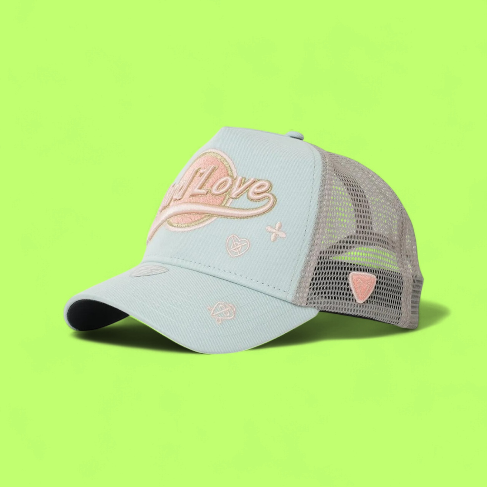 PASTEL HARD LOVE TRUCKER CAP WITH PINK EMBROIDERED LOGO