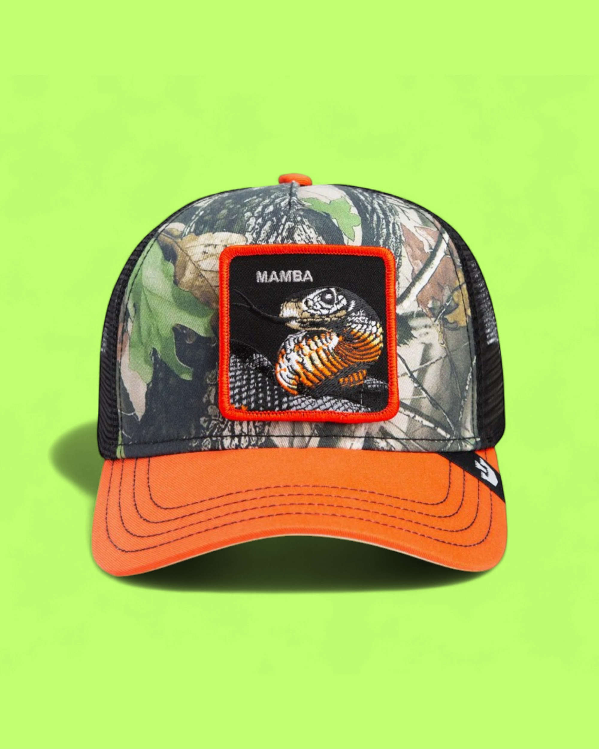 MAMBA SNAKE CAMO TRUCKER HAT WITH ORANGE BRIM AND PATCH
