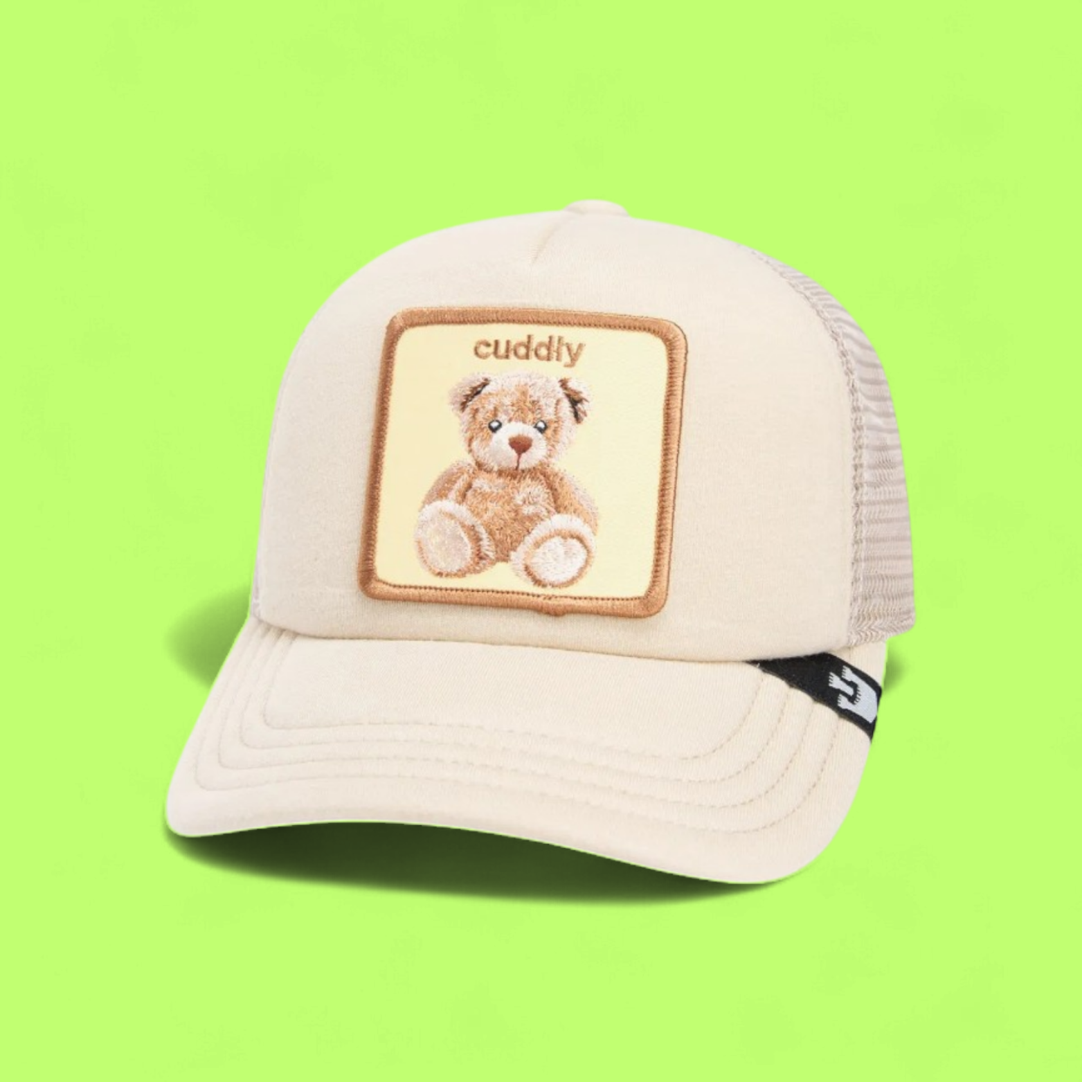 BEIGE TRUCKER CAP WITH CUDDLY TEDDY BEAR PATCH CWCDE