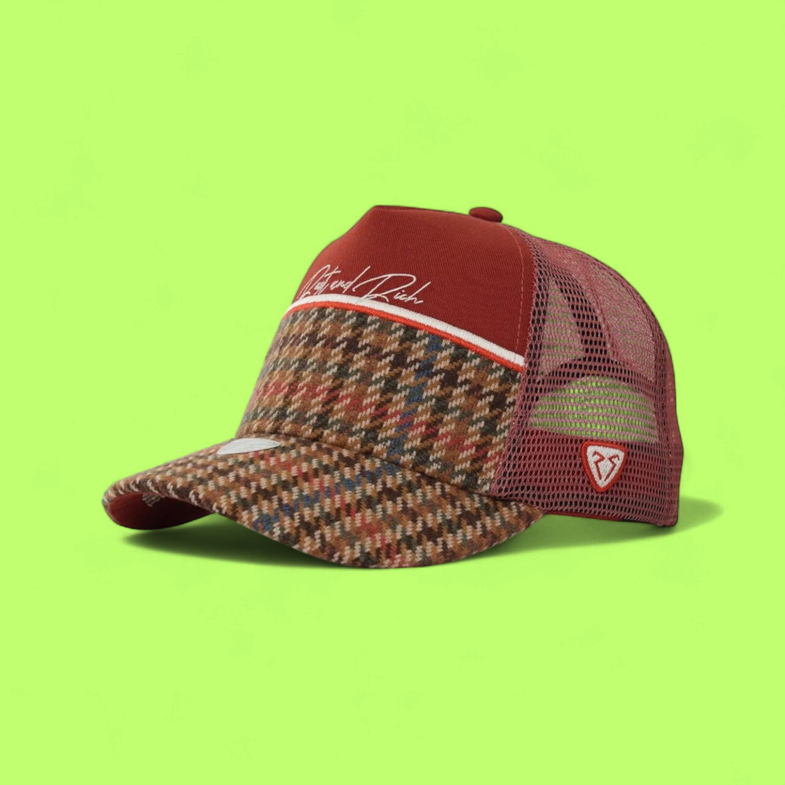 BROWN CHECKERED TRUCKER CAP WITH RUST AND RICH SIGNATURE