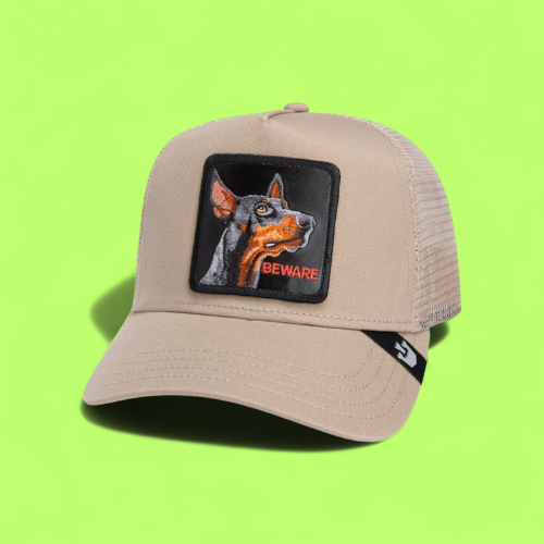 BEWARE DOBERMAN BEIGE TRUCKER HAT WITH EMBROIDERED DOG PATCH