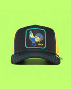 ROOSTER PATCH BLACK TRUCKER HAT WITH YELLOW MESH BACK