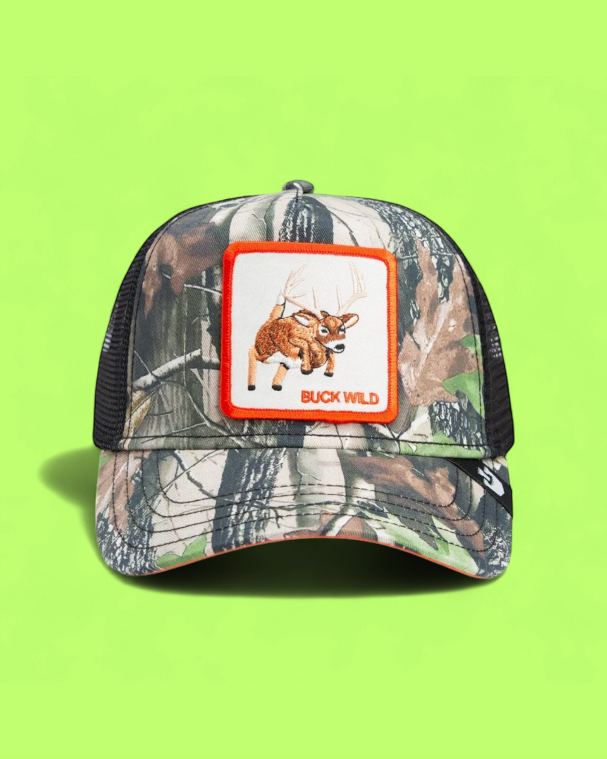 BUCK WILD CAMO DEER PATCH TRUCKER HAT WITH ORANGE FRAME