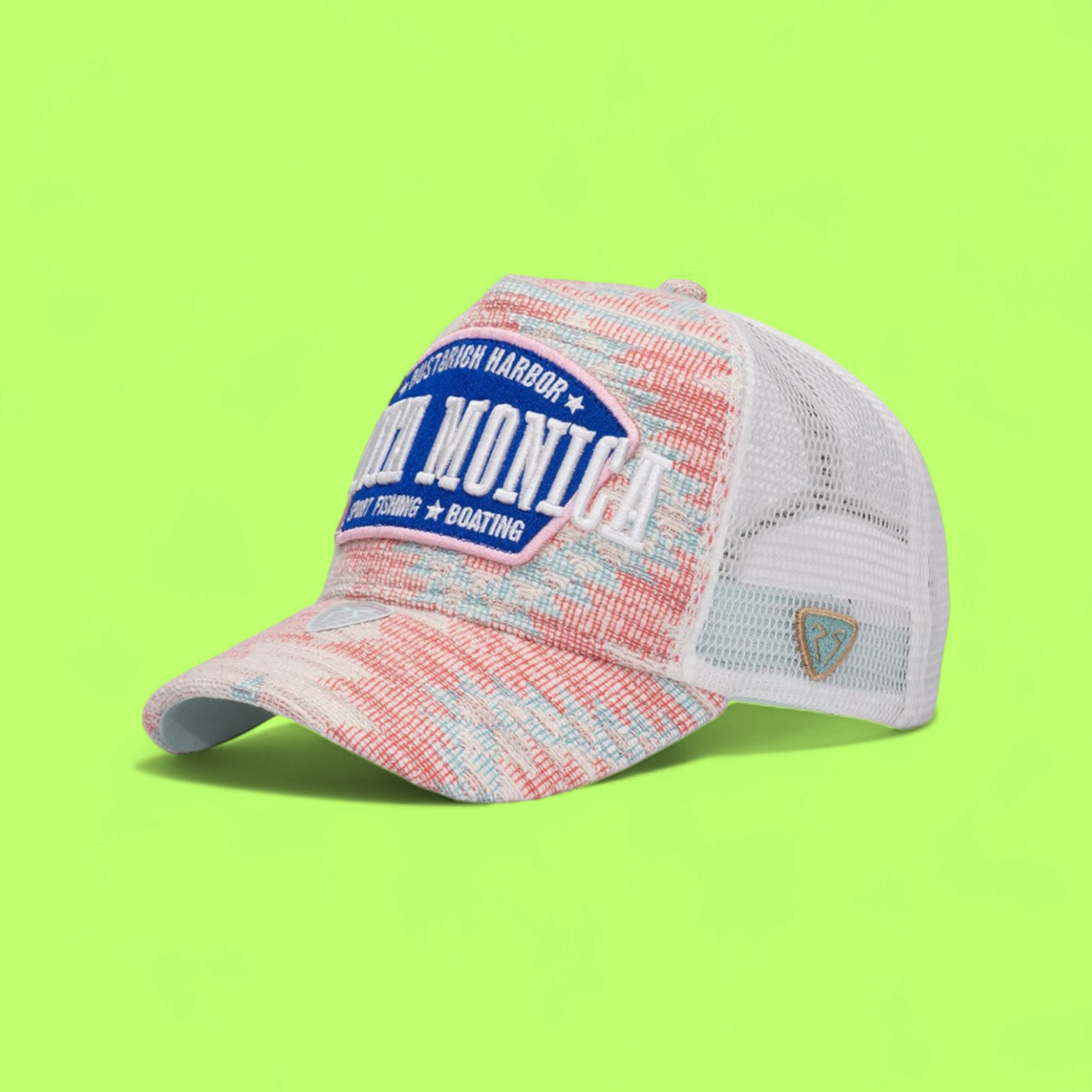 WHITE TRUCKER CAP WITH SANTA MONICA BLUE PATCH DESIGN