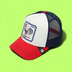 RED WHITE BLUE TRUCKER CAP WITH ROOSTER EMBROIDERY PATCH
