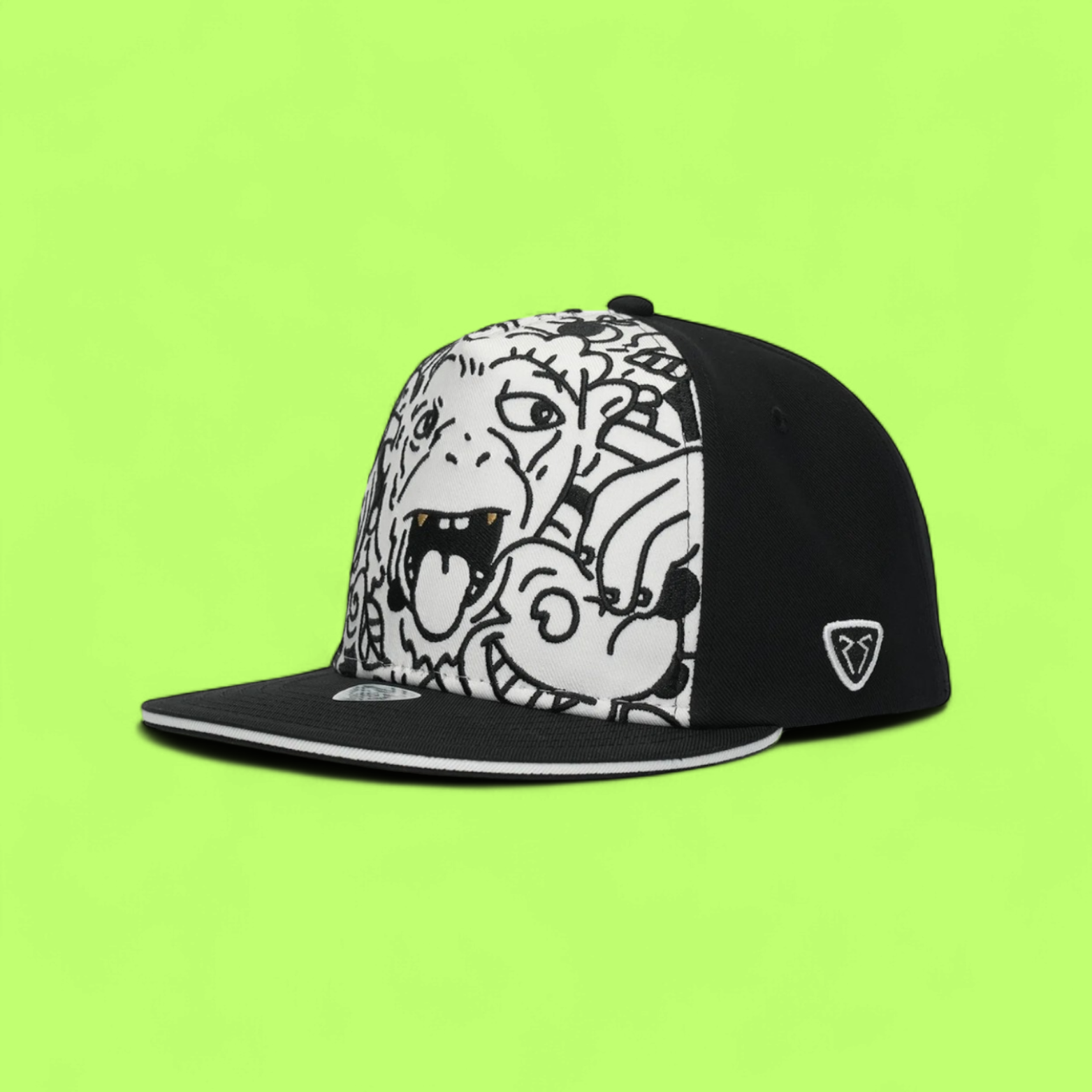 BLACK SNAPBACK CAP WITH CARTOON FACE GRAPHIC FRONT PANEL
