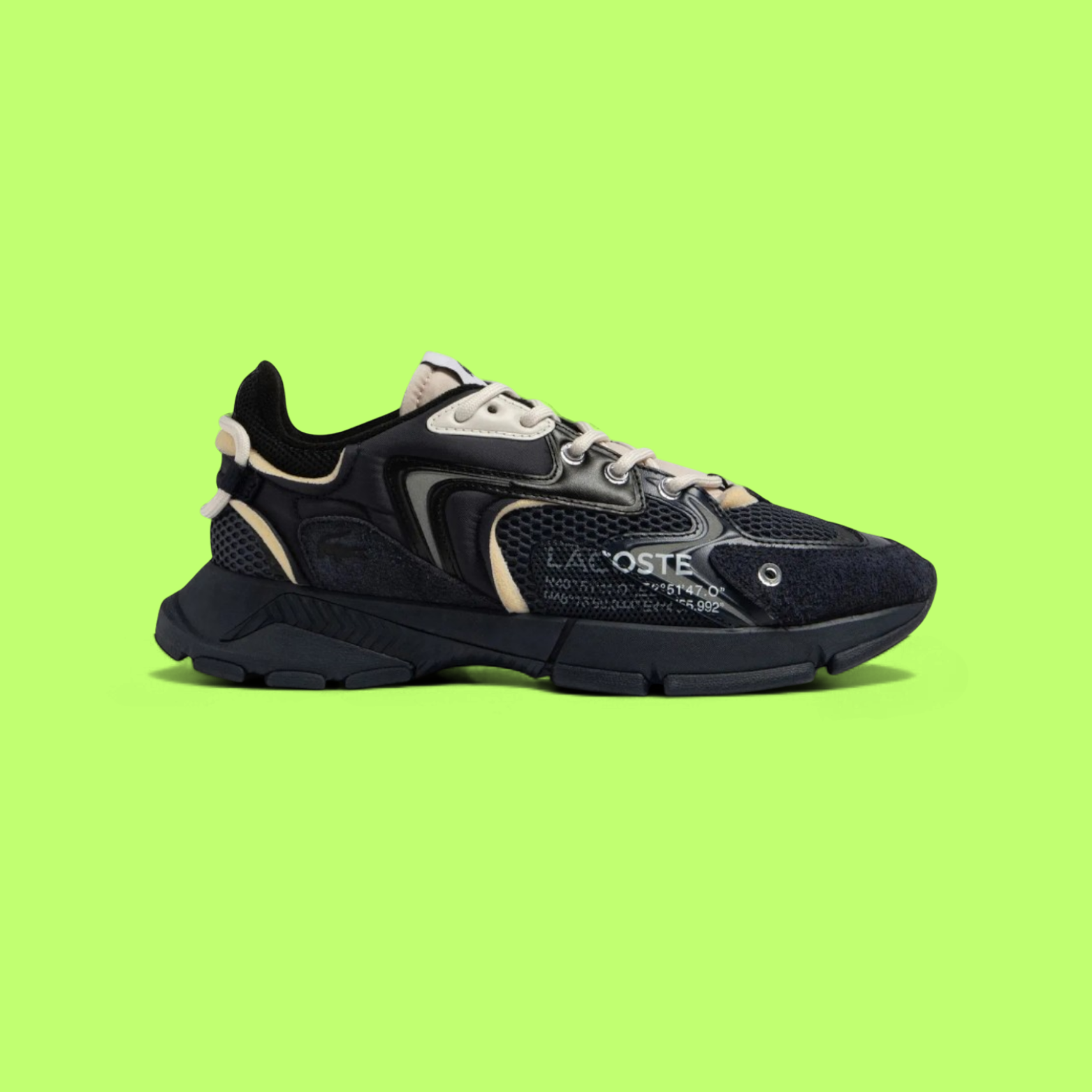 LACOSTE L003 MEN'S NAVY AND BLACK MESH LEATHER CASUAL SNEAKERS