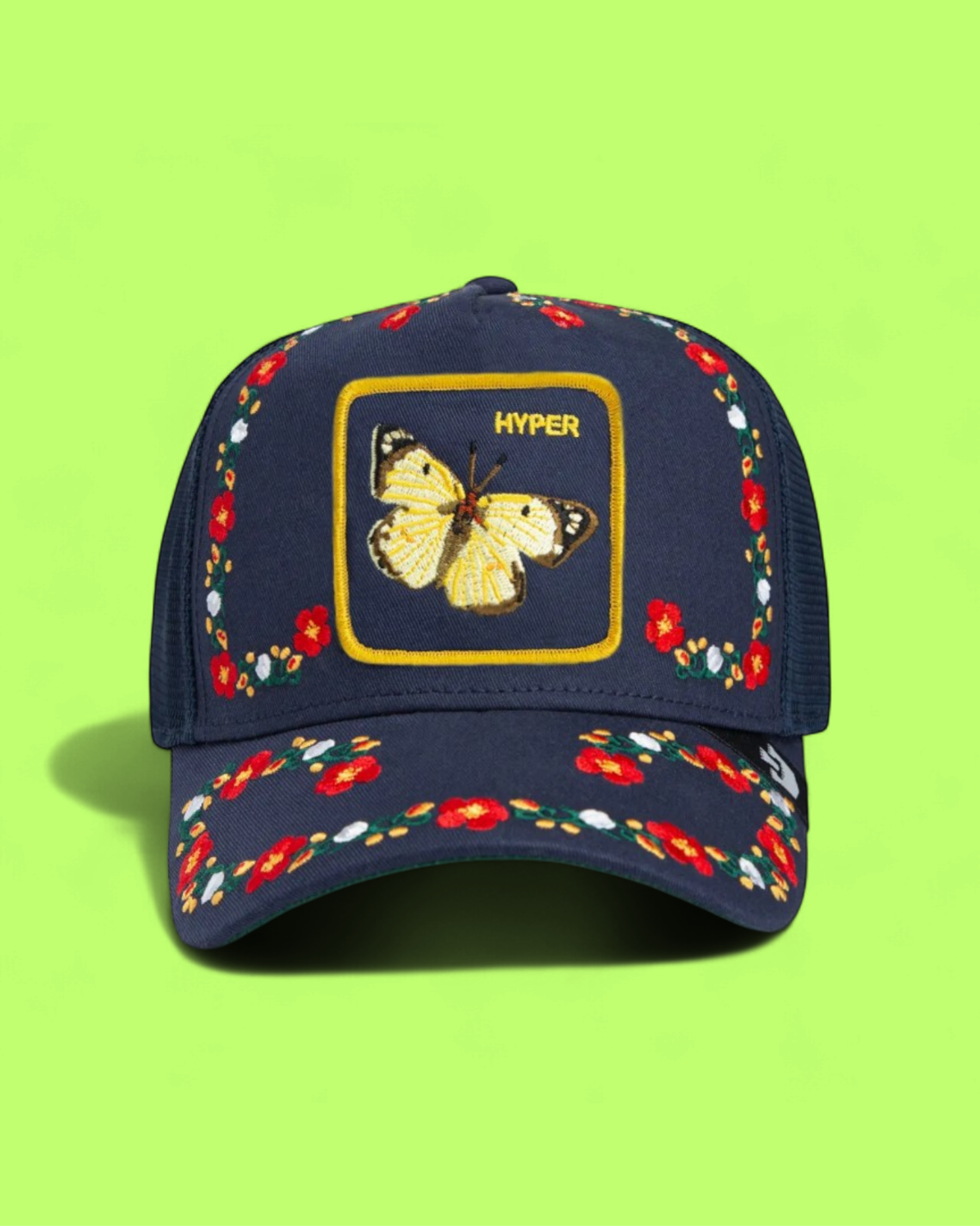 HYPER BUTTERFLY NAVY BLUE FLORAL TRUCKER HAT ICON DROP