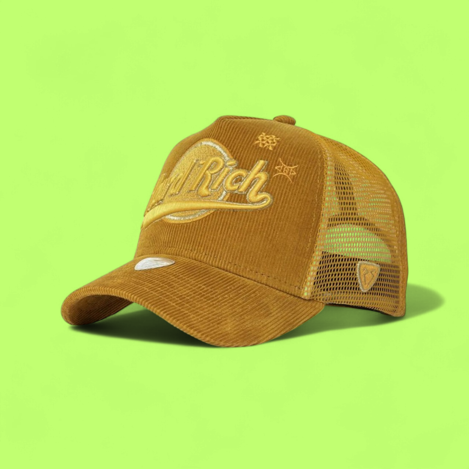YELLOW CORDUROY TRUCKER CAP WITH HARD RICH EMBROIDERY