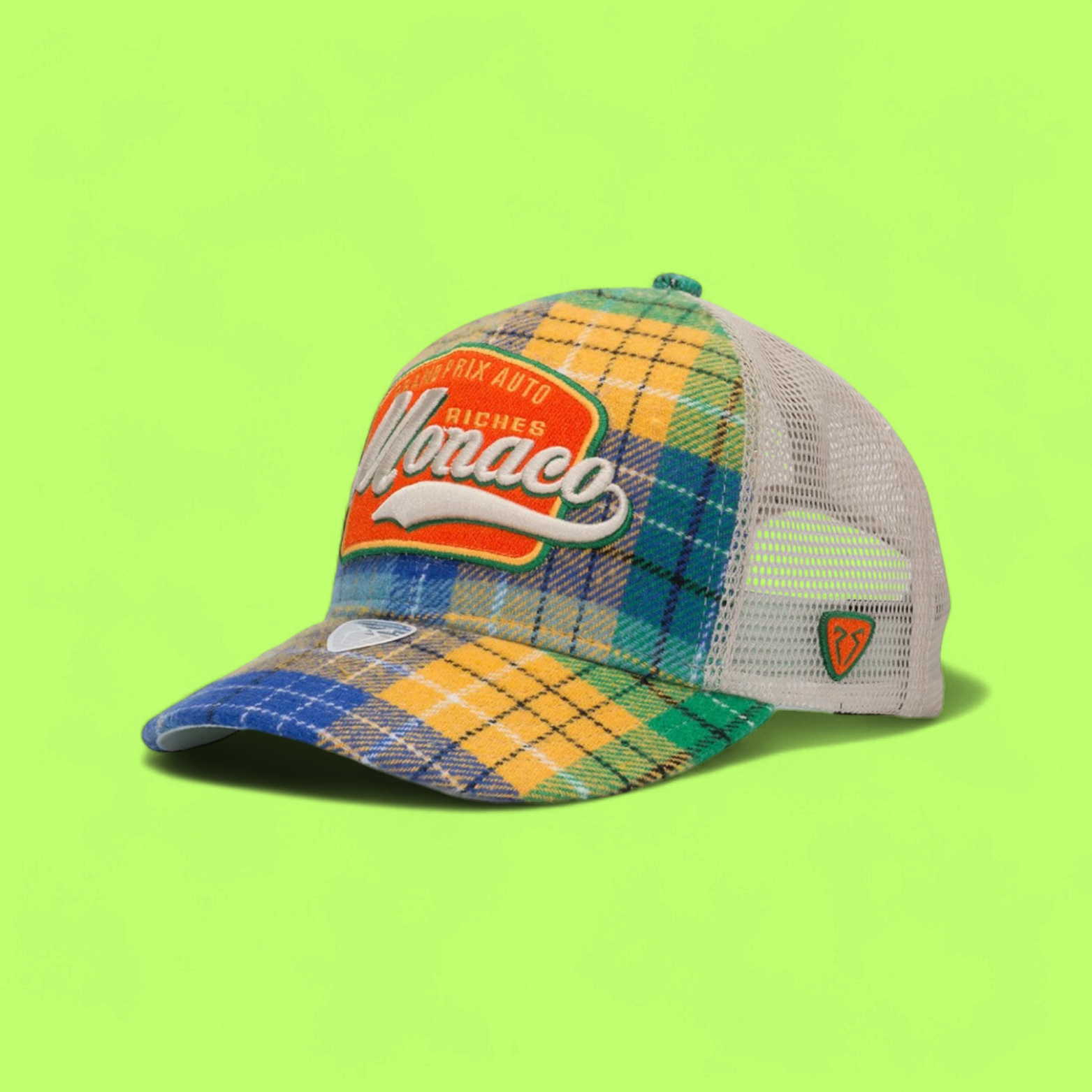 PLAID TRUCKER CAP WITH MONACO EMBROIDERY AND BEIGE MESH