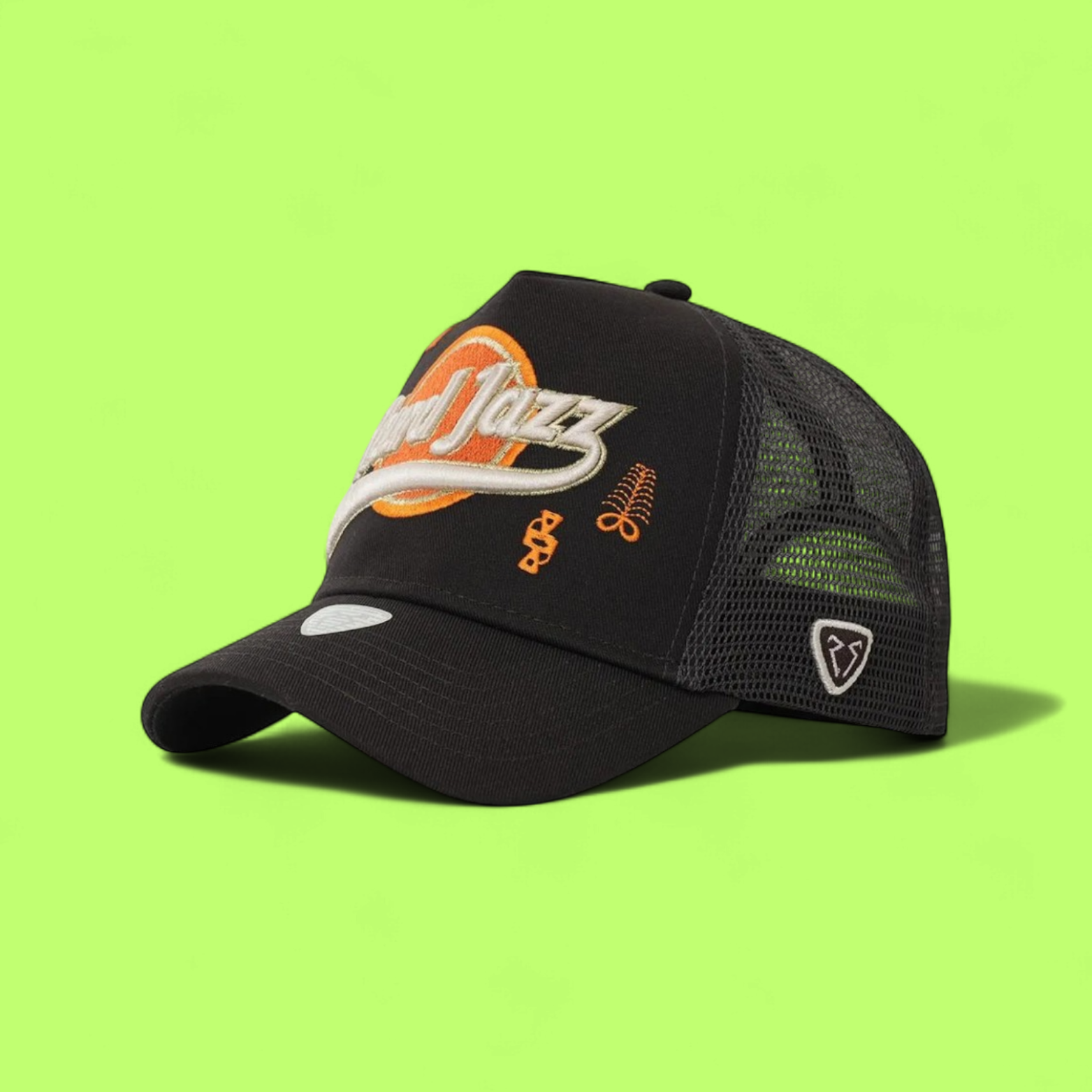 BLACK HARD JAZZ TRUCKER CAP WITH ORANGE RETRO EMBROIDERY