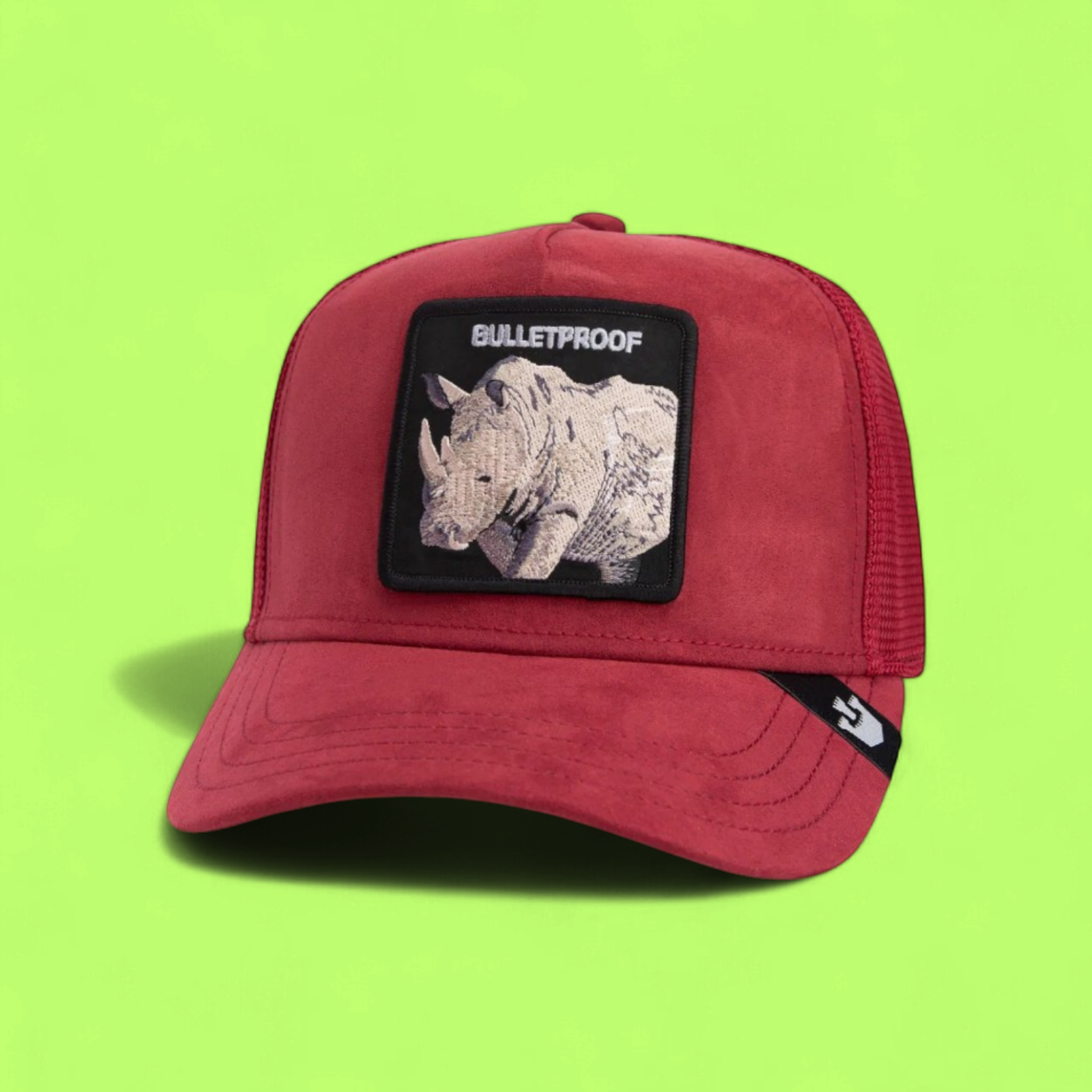 BULLETPROOF RED TRUCKER HAT WITH RHINO EMBROIDERED PATCH