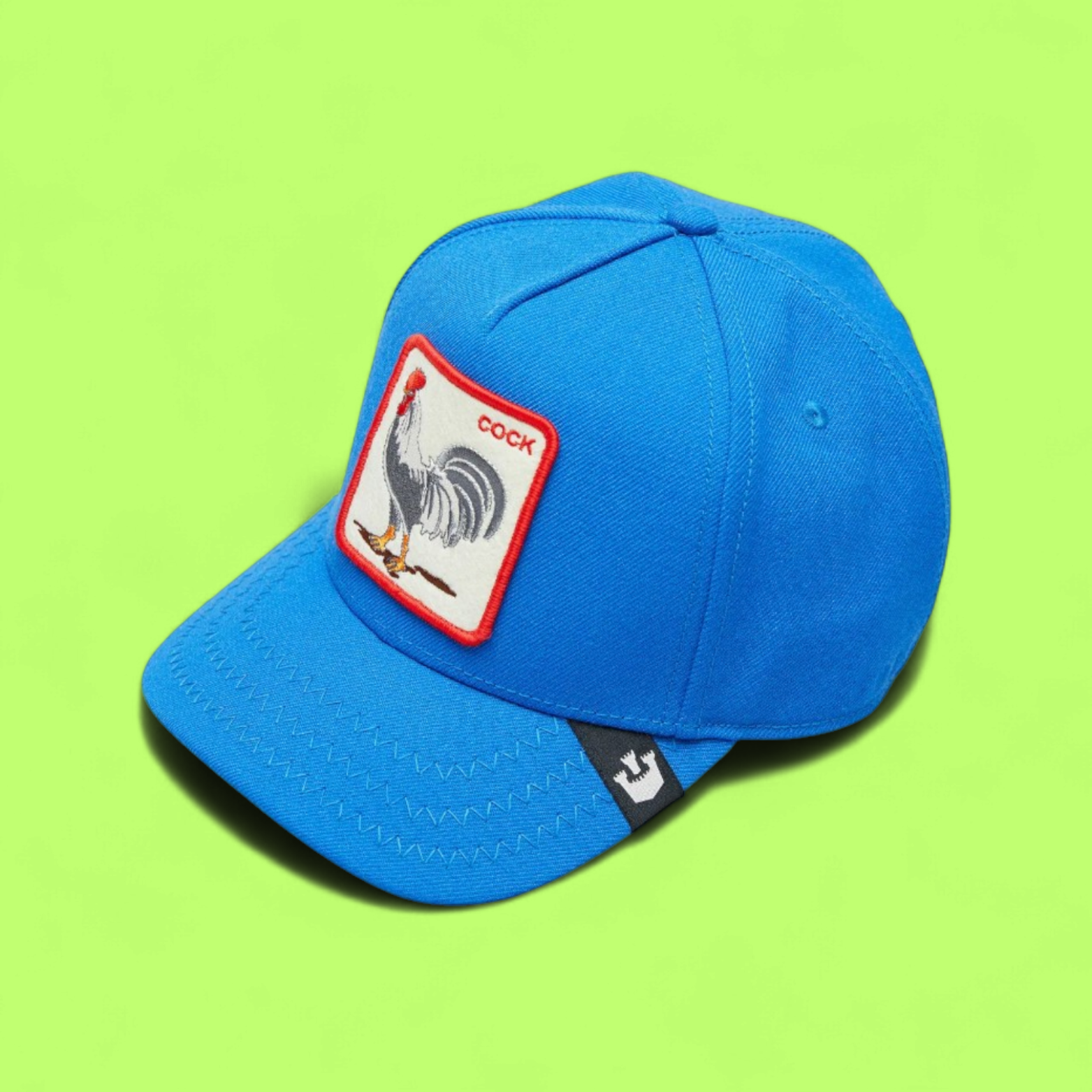 VIBRANT BLUE CAP WITH COCK PATCH AND RED EMBROIDERY
