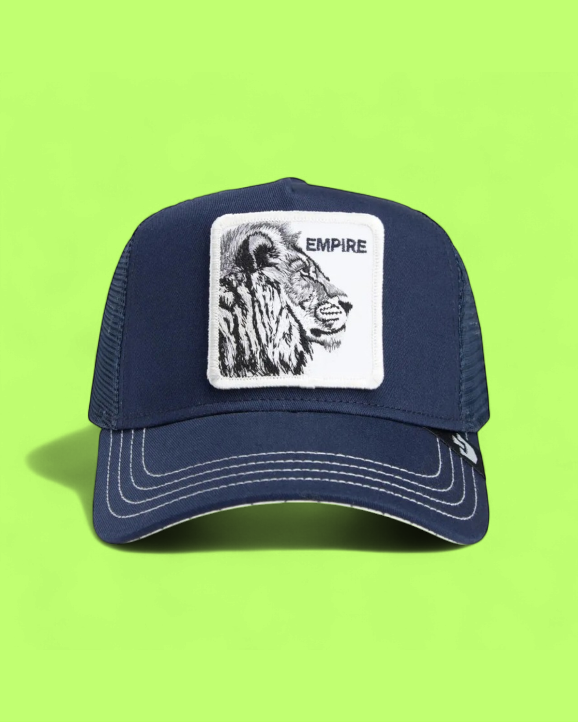 EMPIRE LION PATCH NAVY BLUE TRUCKER HAT WITH WHITE STITCHING