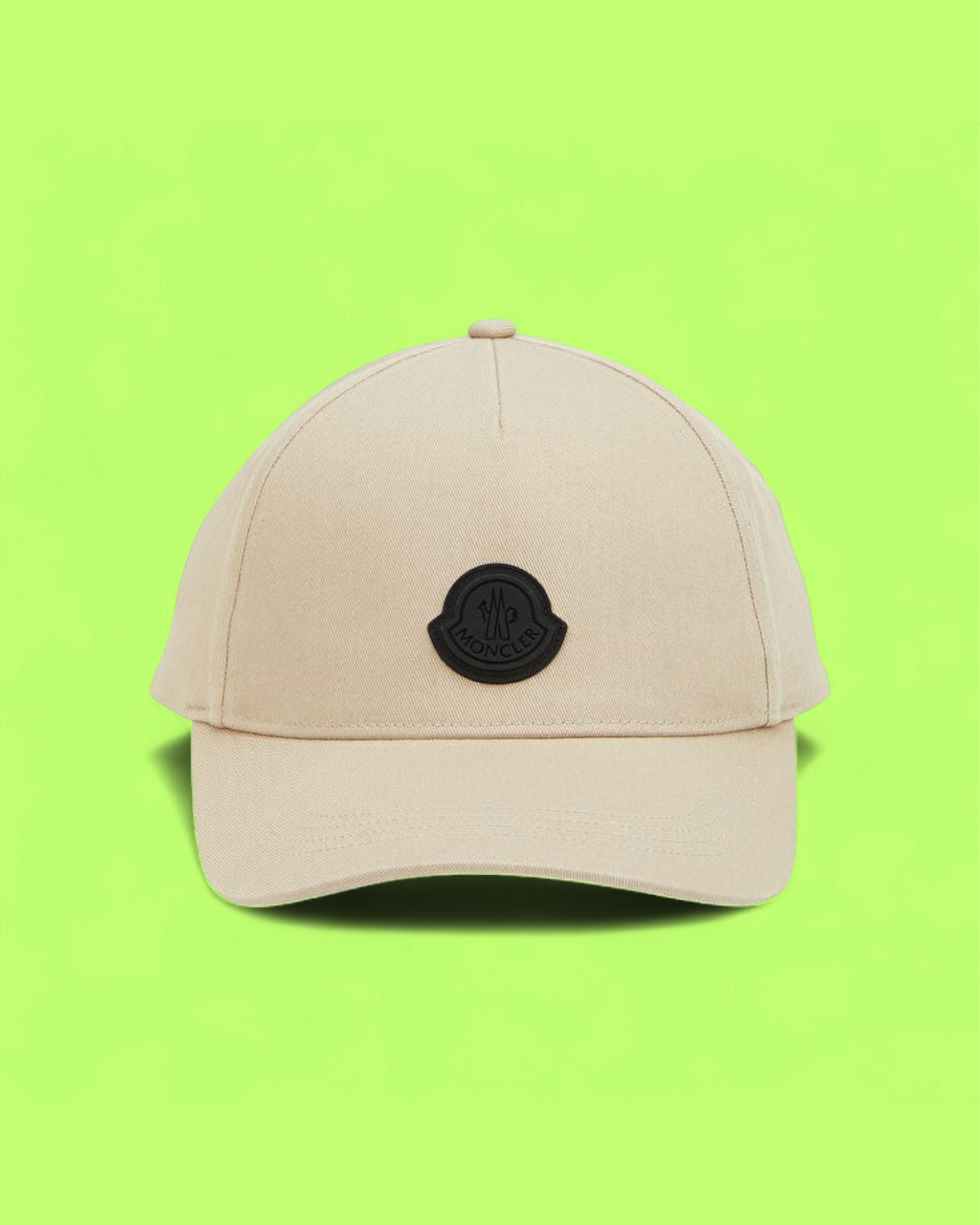 MONCLER BEIGE CAP WITH BLACK LOGO PATCH ICON DROPZ CWCD