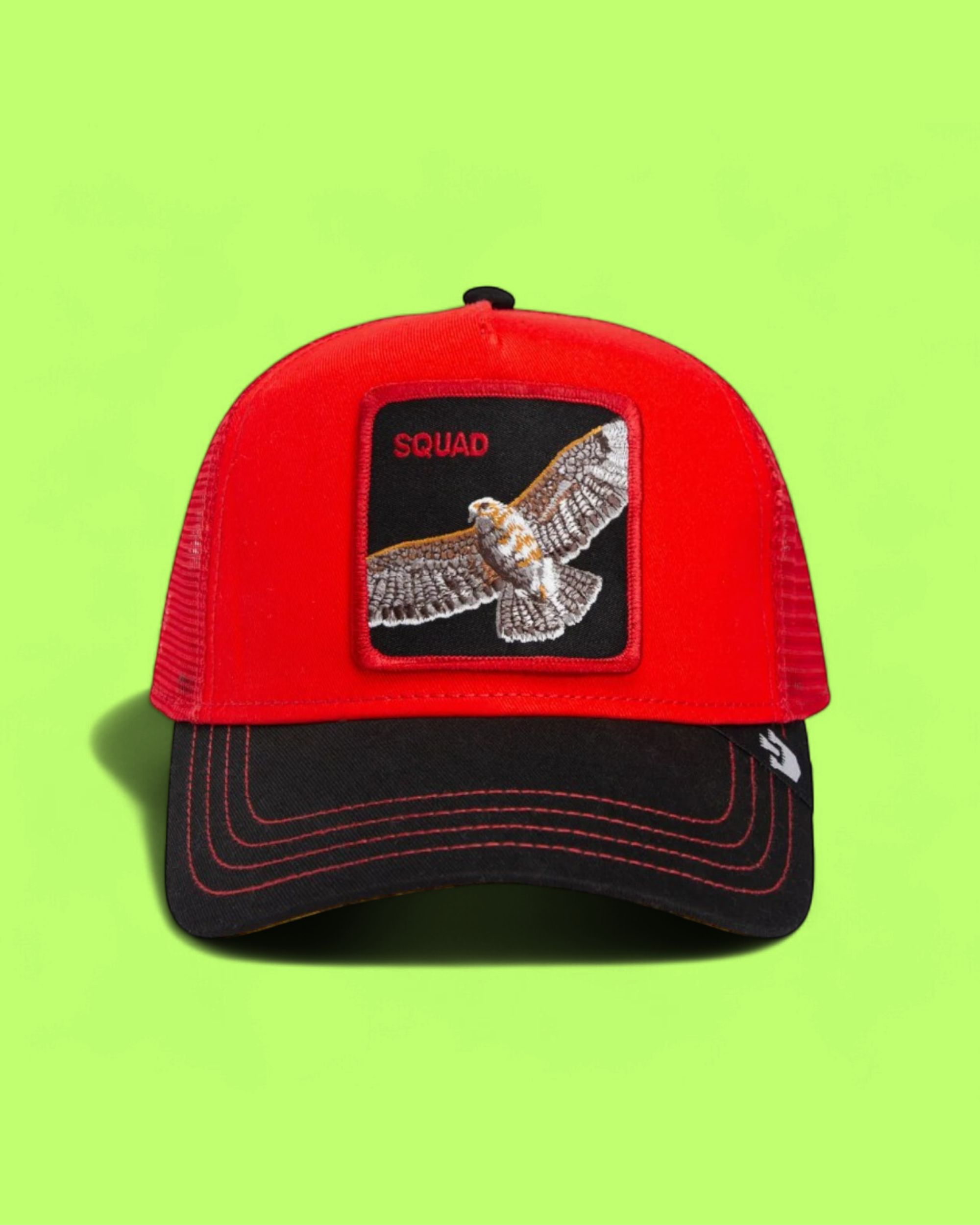 SQUAD HAWK RED AND BLACK TRUCKER HAT WITH EMBROIDERED PATCH