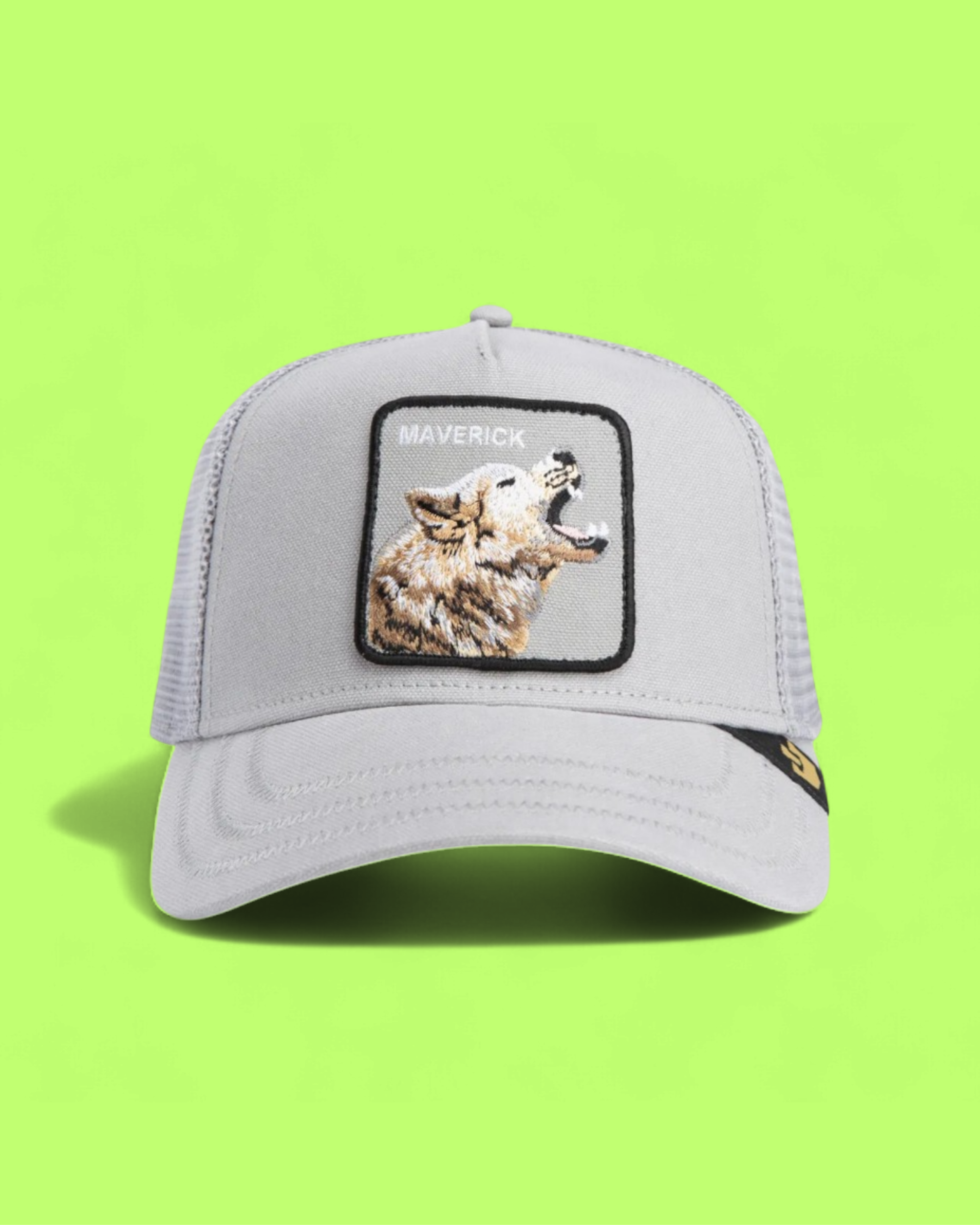 MAVERICK WOLF GREY TRUCKER HAT WITH EMBROIDERED WOLF PATCH