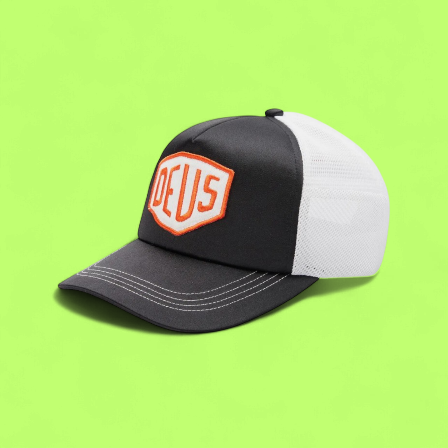 DEUS EX MACHINA BLACK WHITE ORANGE LOGO TRUCKER CAP CWDE