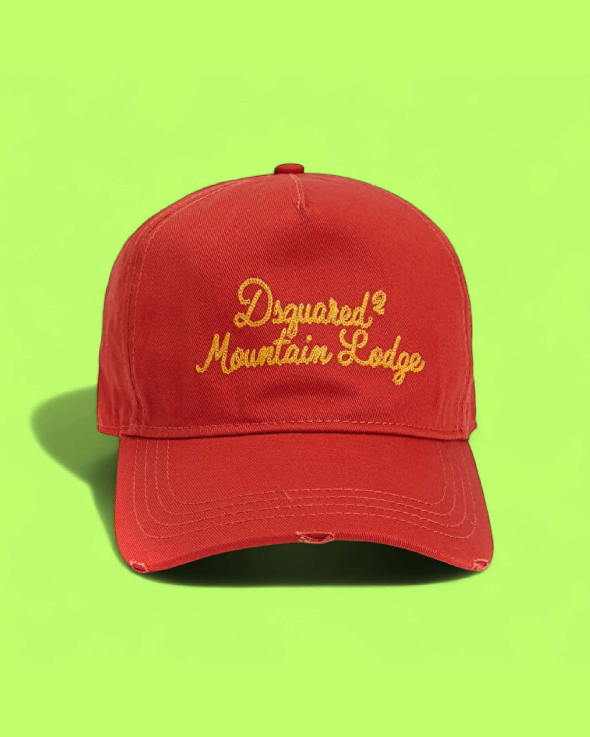 RED BASEBALL CAP WITH YELLOW EMBROIDERED FRONT SIGNATURE
