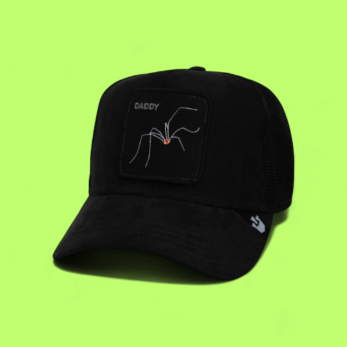 DADDY SPIDER BLACK TRUCKER HAT WITH EMBROIDERED PATCH