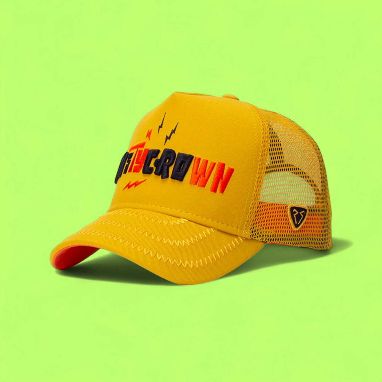 YELLOW TRUCKER CAP WITH MULTICOLOR CROWN EMBROIDERY DESIGN