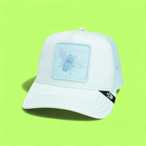 QUEEN BEE LIGHT BLUE TRUCKER HAT WITH EMBROIDERED PATCH