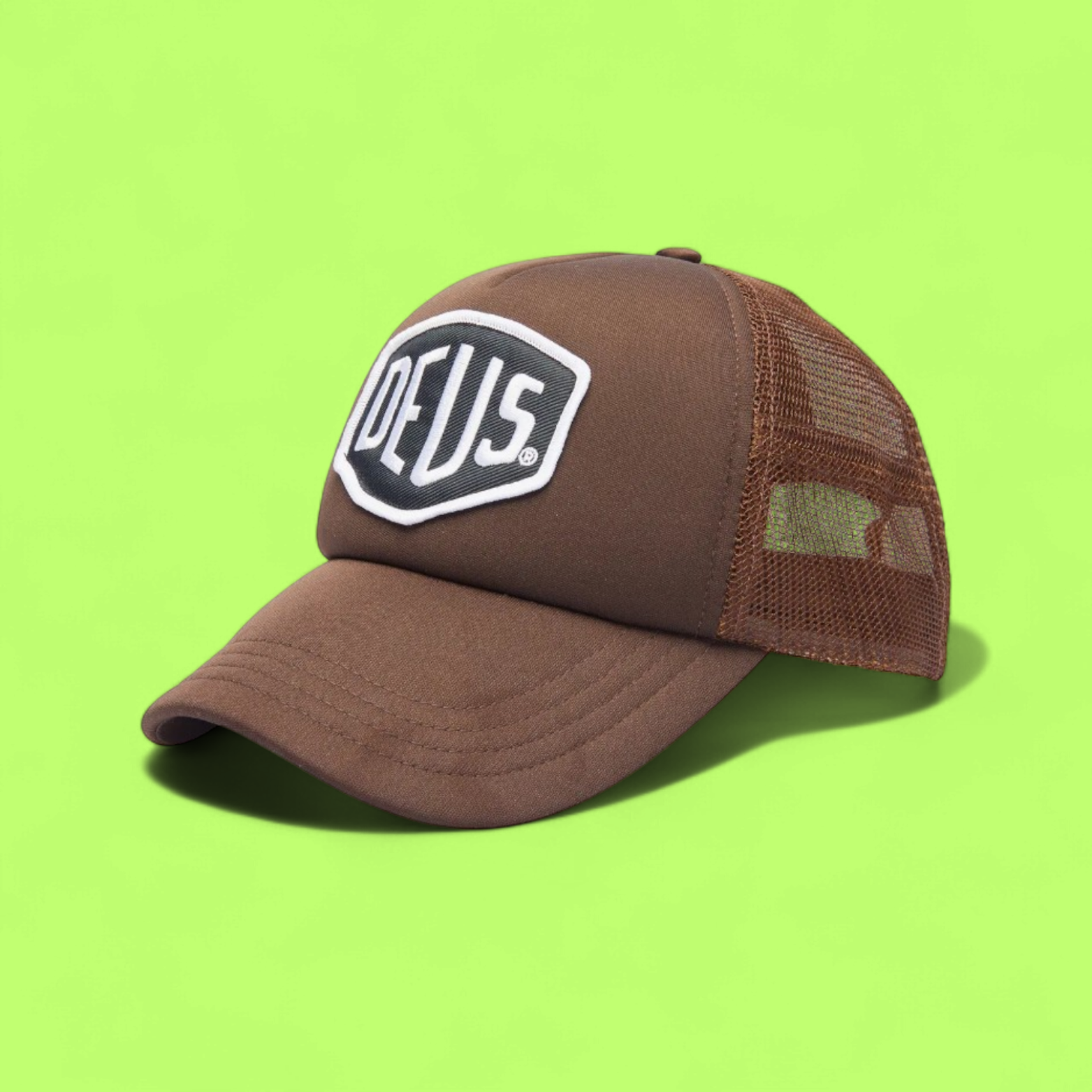 DEUS BROWN MESH TRUCKER CAP WITH BOLD FRONT LOGO CWCDE