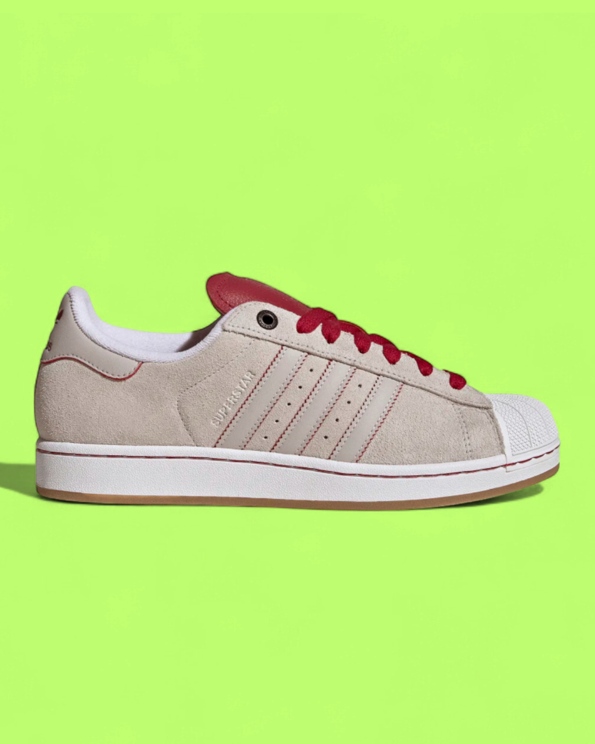 ADIDAS SUPERSTAR BEIGE SUEDE RED LACES WHITE SHELL TOE SNEAKERS