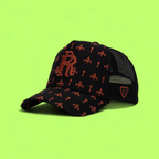 BLACK TRUCKER CAP WITH ORANGE R LOGO AND FLORAL PATTERN