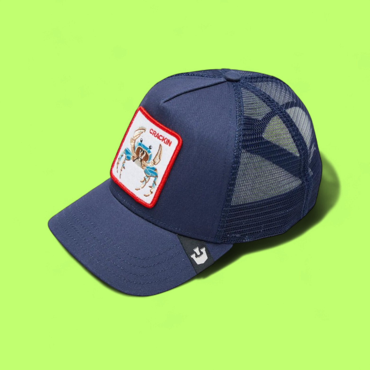 NAVY TRUCKER CAP WITH CRACKIN CRAB EMBROIDERY PATCH