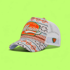 WHITE TRUCKER CAP WITH ORANGE MONACO PATCH AND PATTERN