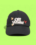 OFF-WHITE BLACK CAP WITH FLORAL AND BUTTERFLY EMBROIDERY