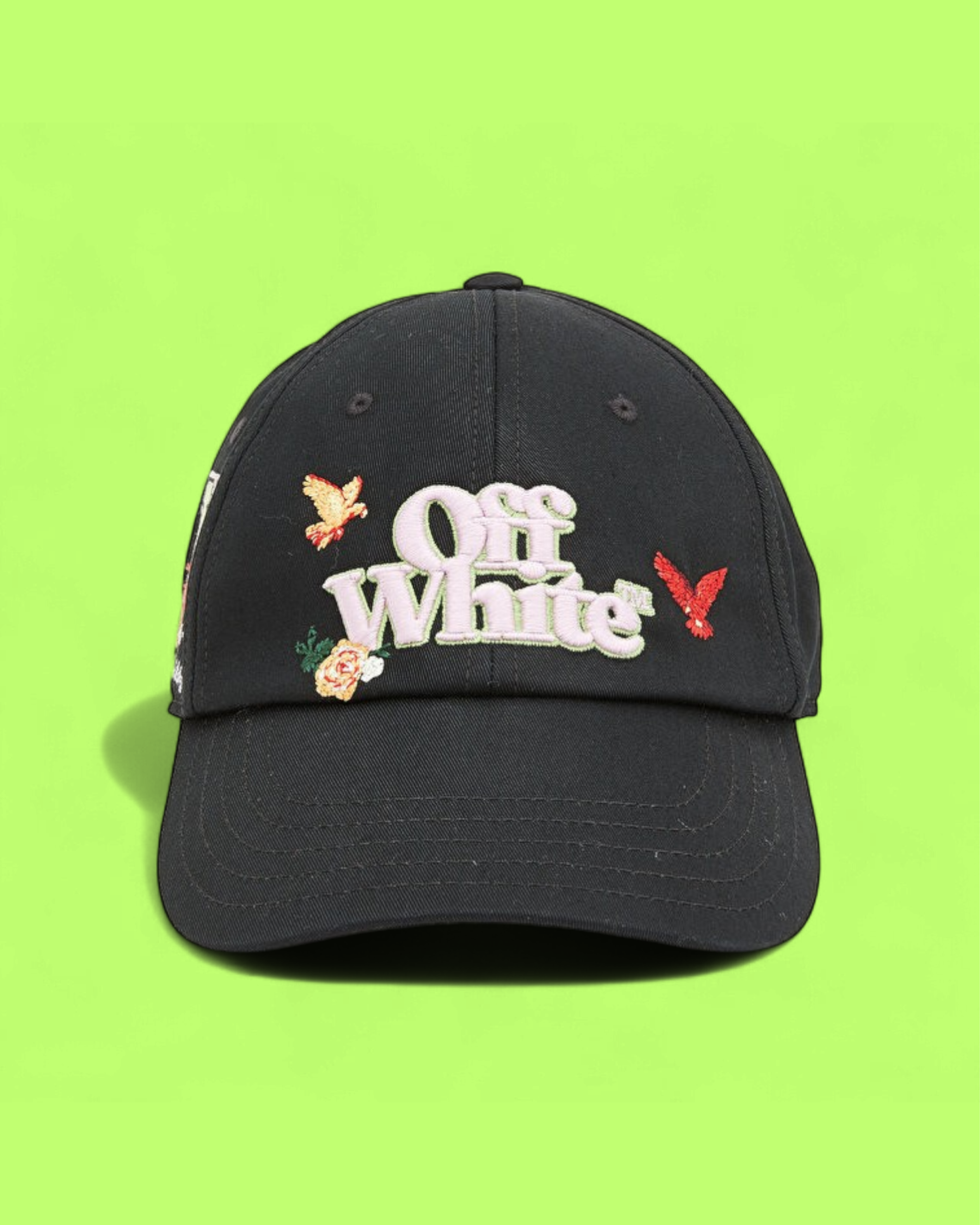OFF-WHITE BLACK CAP WITH FLORAL AND BUTTERFLY EMBROIDERY