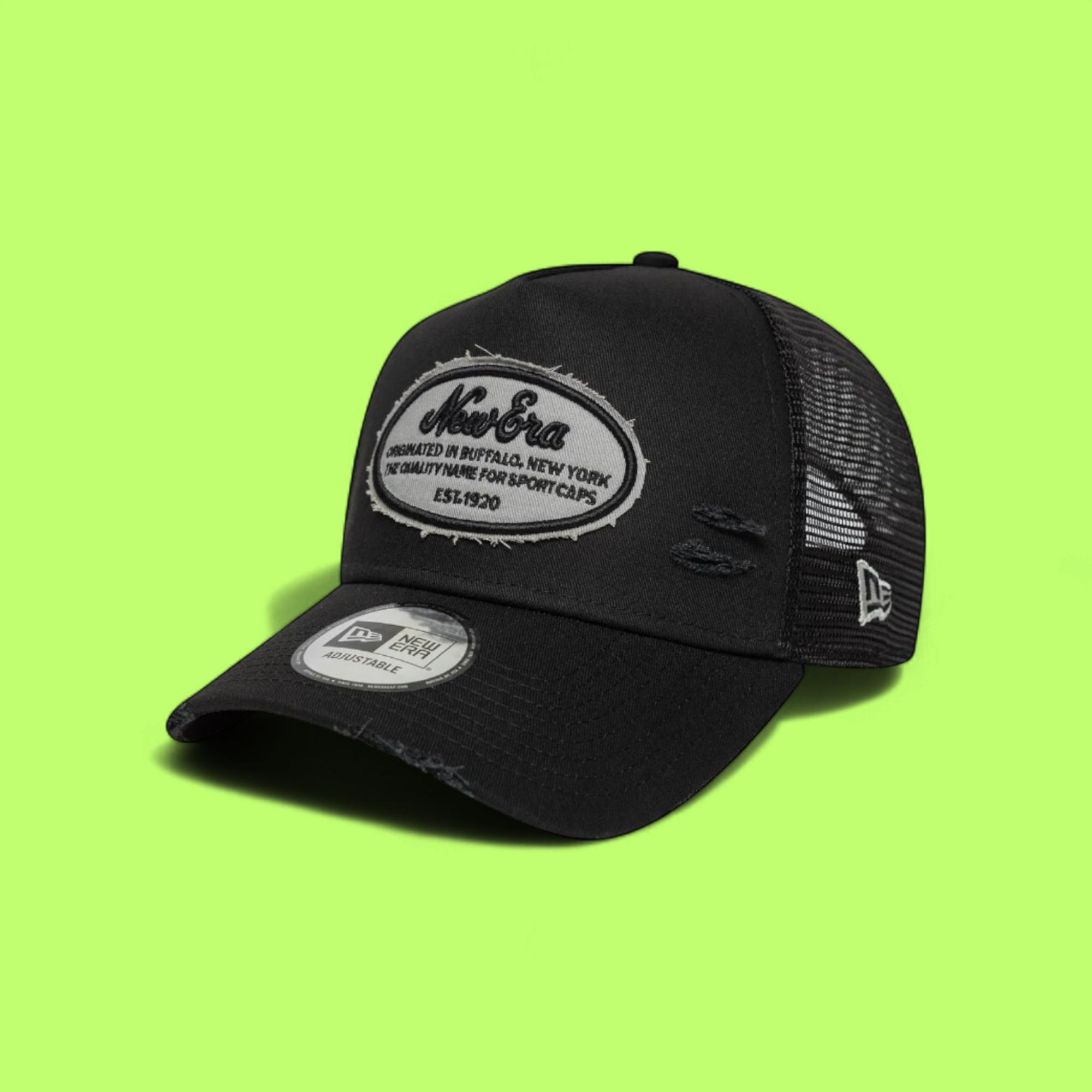NEW ERA BLACK PATCH TRUCKER DISTRESSED MESH CAP CWCD