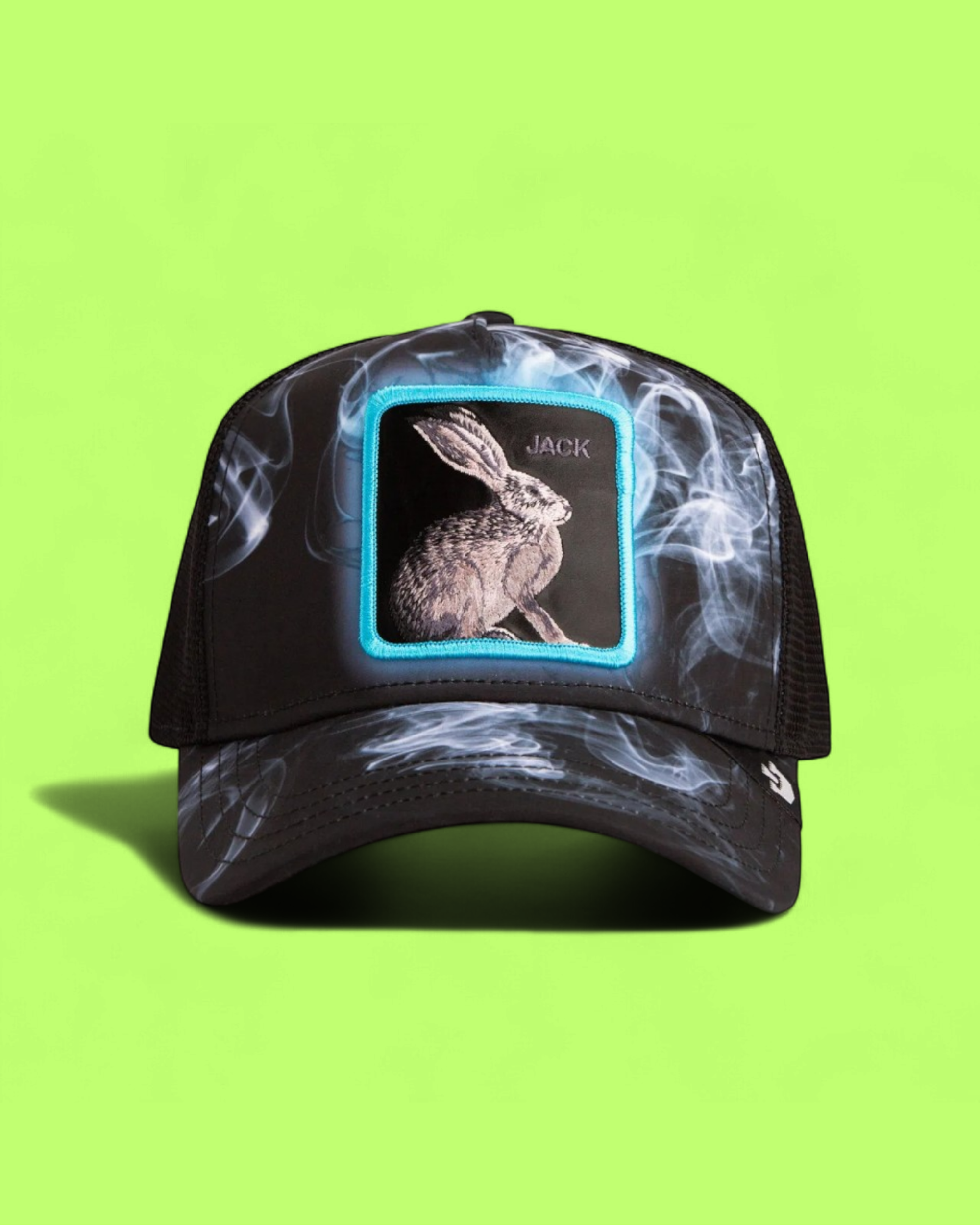 JACK RABBIT BLACK TRUCKER HAT WITH SMOKE EFFECT DESIGN