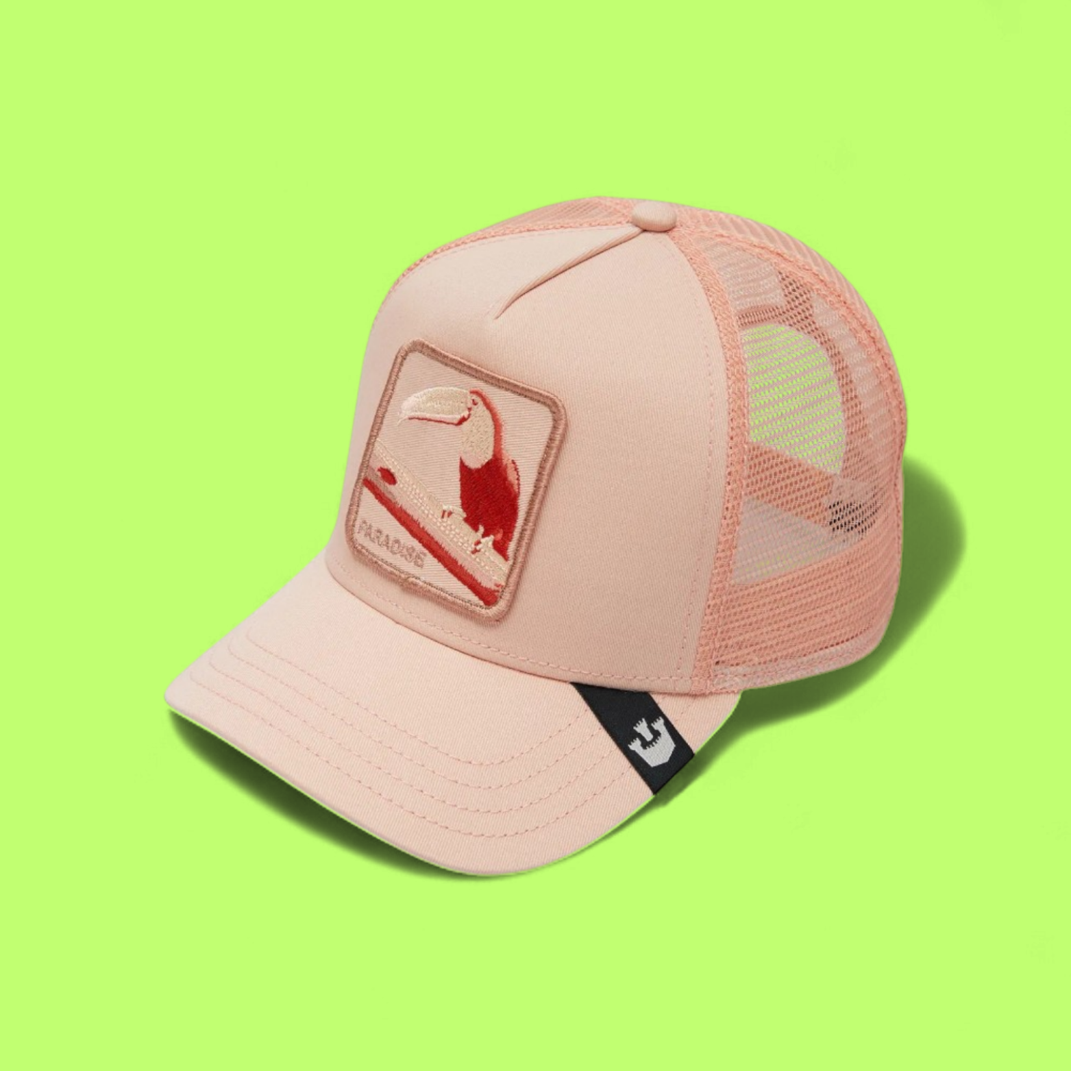 PINK MESH TRUCKER CAP WITH TROPICAL RED TOUCAN PATCH CWCDE